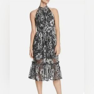 MICHAEL Michael Kors Black Silver Floral Halter Ruffle Midi Dress